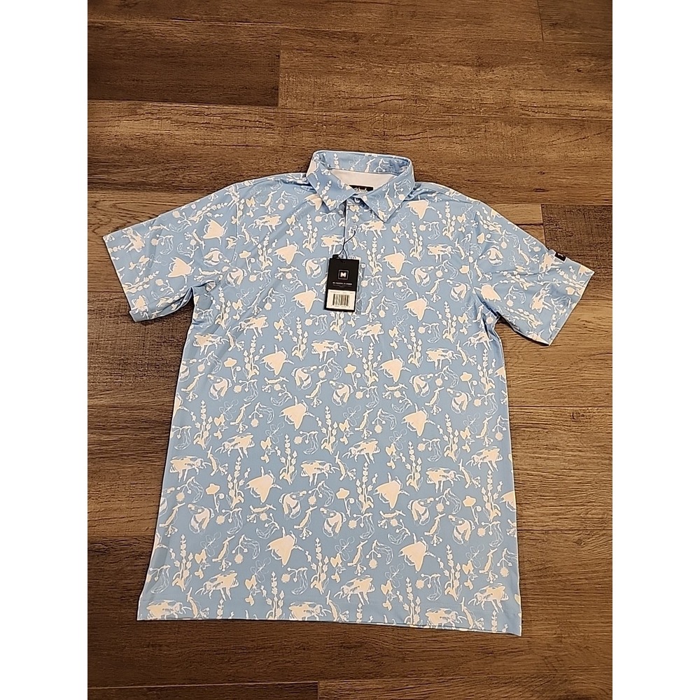 Waggle Buzzin Polo Shirt Mens Medium Blue‎ Bee Floral Print Performance Stretch
